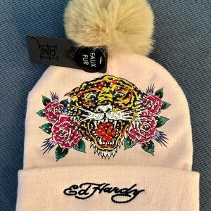 Ed Hardy Pink Beanie with Faux Fur Pom